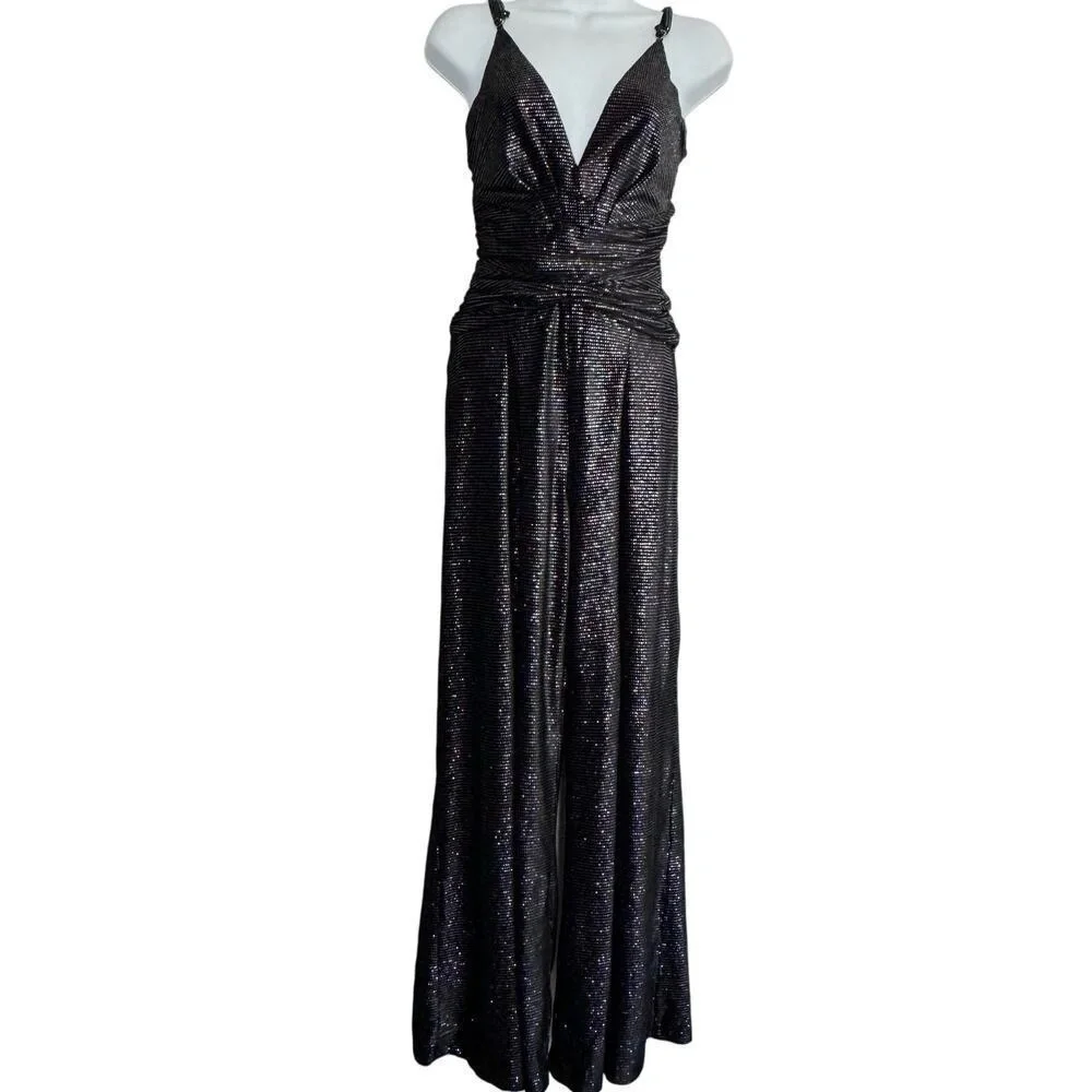 PatBo Jumpsuit Wide Leg Flowy Black Sparkly Velvet Size 2 - Picture 1 of 12